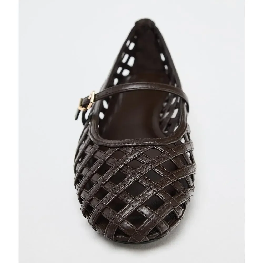 Zara Dark Brown Woven Mary Jane Flats - Picture 11 of 14